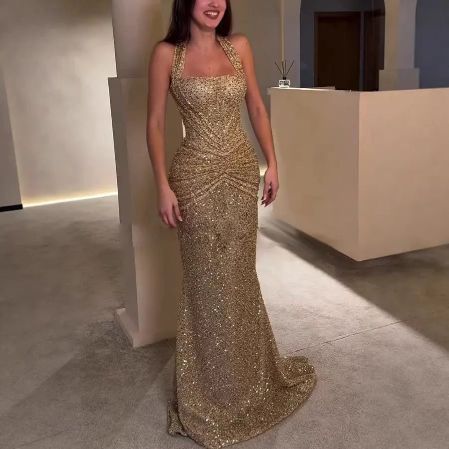 BEST PRICE Luxury Top Quality Cashmere New Sequin Halter Neck Floor-Length Autumn Winter Spring Fashion Evening  Party Red Carpet Celebrities Gowns Ladies Formal Clothing Supplies