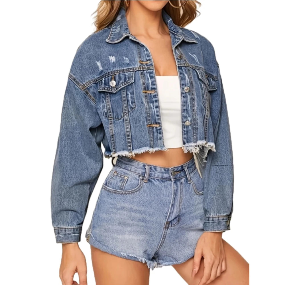 NEW Arrivals Autumn Spring Streetwear Fashion Button Denim Solid Women's Mini Coat  Blue Jeans Short Jackets Women Casual Clothing Accessories