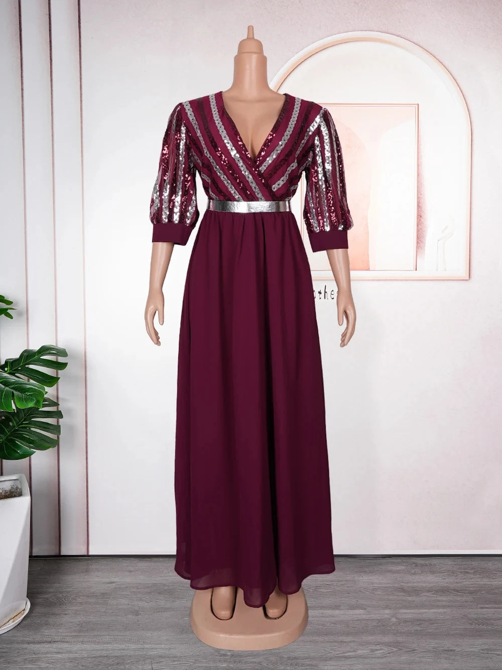 Gold/Silver/Red Color New African Women Plus Size Satin Evening Dresses Wedding Guest Evening Prom Party Luxury Sequin Gown Bodycon Dashiki Ankara Africa Clothing African Ladies Luxury Apparel Supplies
