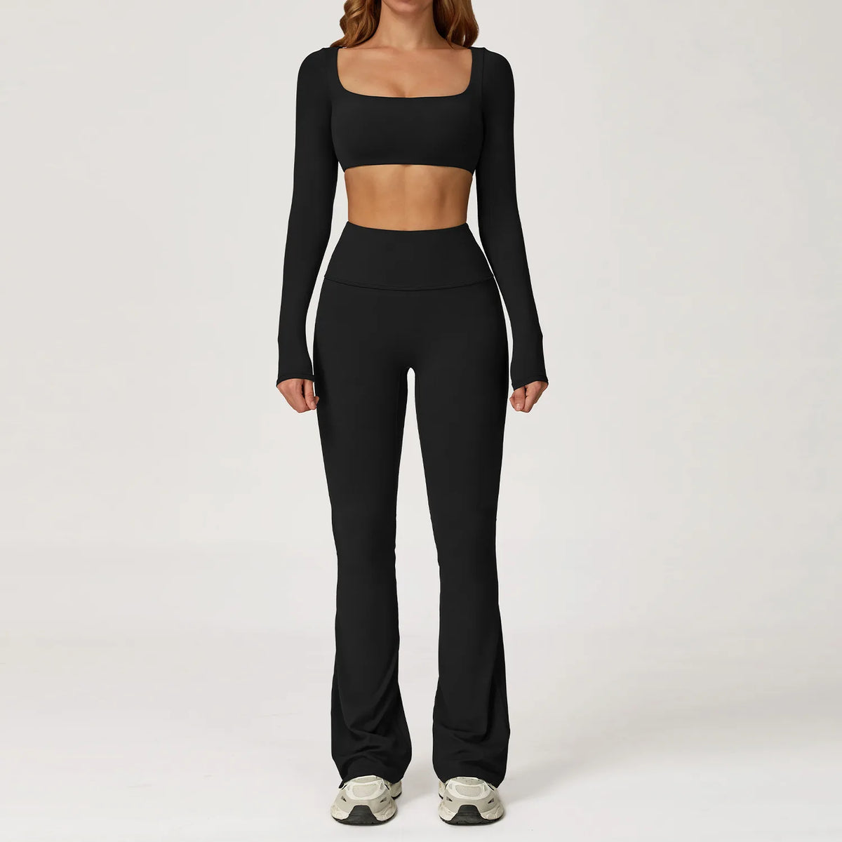 2-Piece Yoga Set Women Long Sleeve Square Neck Crop Top & High Waist Flare Pants Set Scrunch Butt Gym Fitness Activewear