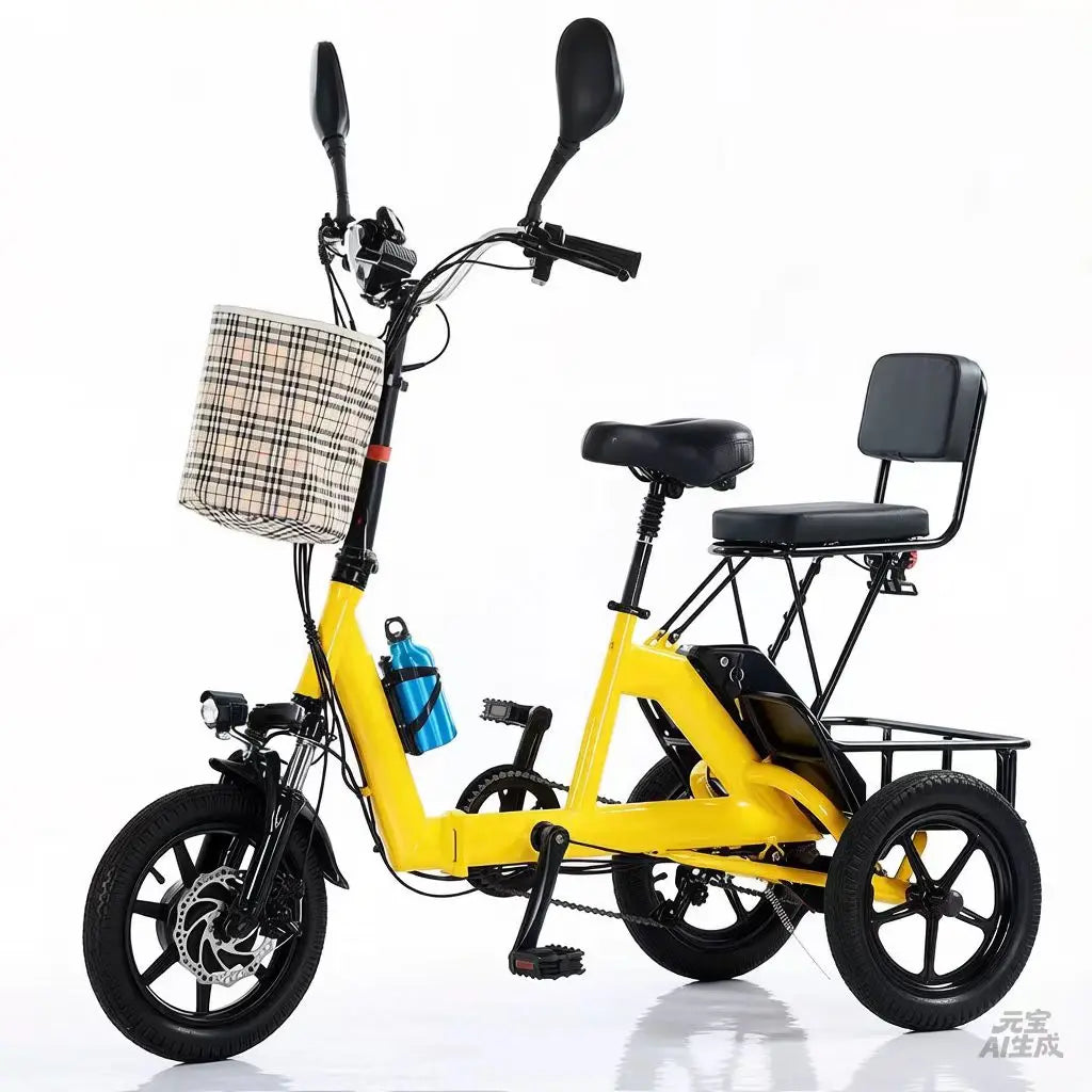 Parents and Child Blue/Yellow Color 14-inch Folding Electric Tricycle Adults Aluminum Frame Brushless Rear Hub Motor 7-Speed Gear Max Speed 25km Basket Lightweight Pedal-Assist