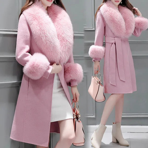 Woolen Coat Mid-length Korean Style New Winter Slim-fit Lace-up Large Woolen Collar Woolen Coat Detachable Woolen Collar