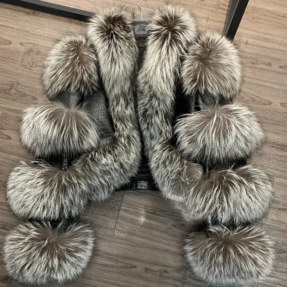 NEW Arrivals 8 Colors 100% Real Sheep Leather Croco Pattern Women's Jacket Natural Fur Trim Luxury Leather Fur Outerwear Coat Winter Warm Coats for Night Clubwear Evening Party Luxury Jackets Women Winter Apparel Supplies.