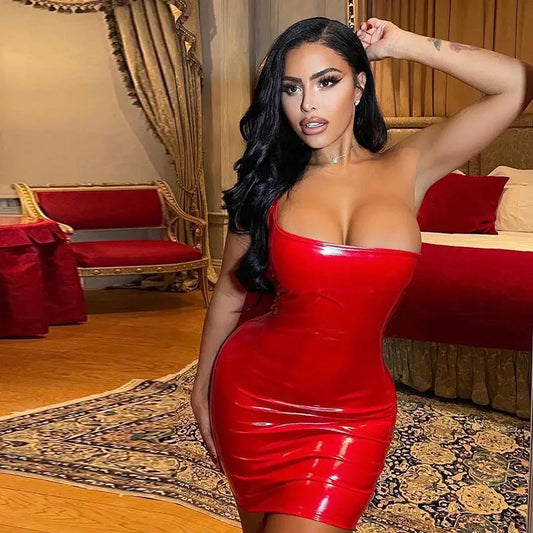 NEW S-XL Red Solid Sexy Hot Mini Dresses Women Midnight Night Club Evening Party Sexy Skinny PU Leather Bodycon Ladies Tube Dress With Sleeve Ladies Sexy Fashion Clothing Supplies
