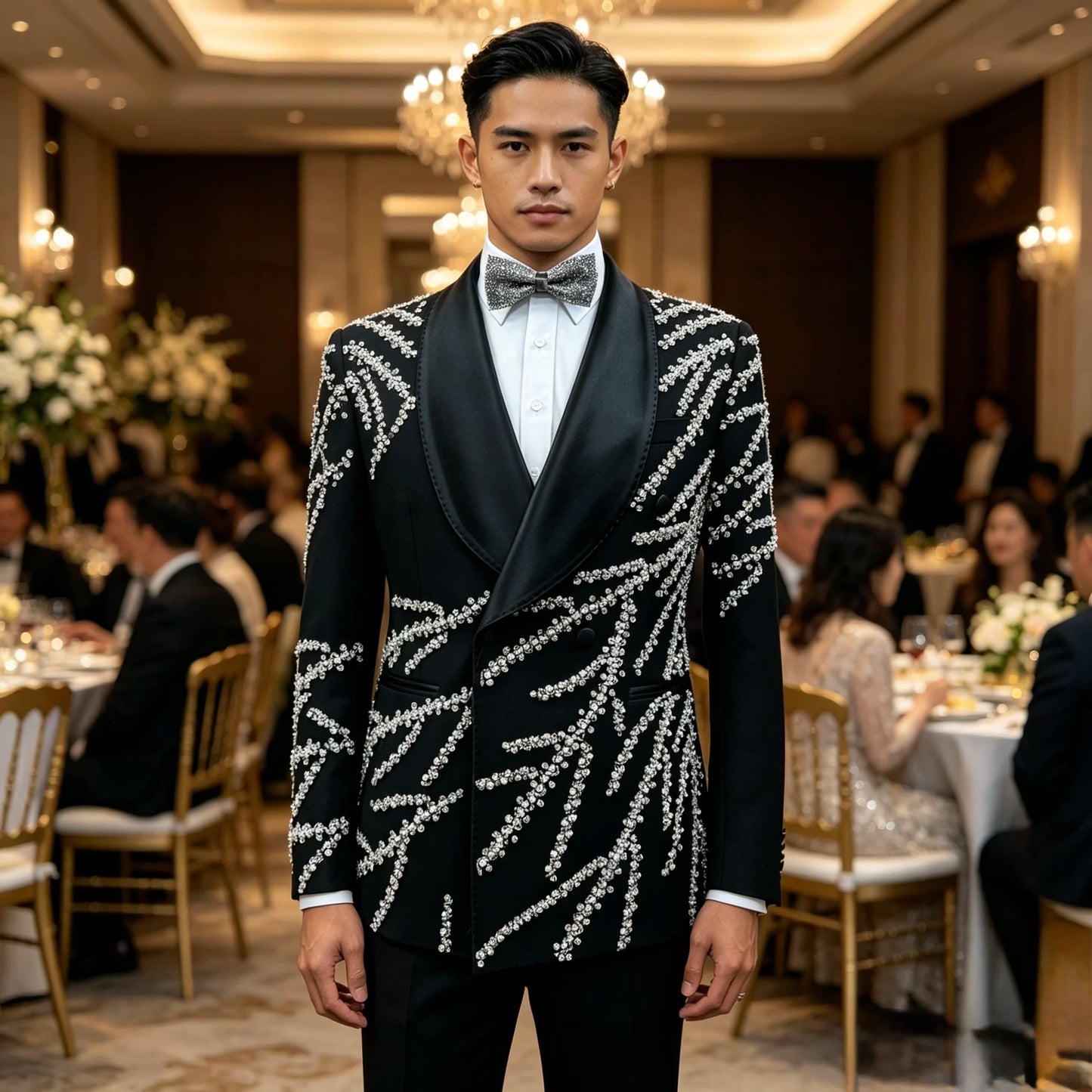 2 PCS Set Xs-3XL Plus Size New Fashion Custom Handmade Luxury Rhinestones Crystal Breathable Tuxedo Blazer Men's Suits Wedding Groom Guest Evening Business Dinner Nightclub Prom Red Carpet Celebrities Male Formal Luxury Appar