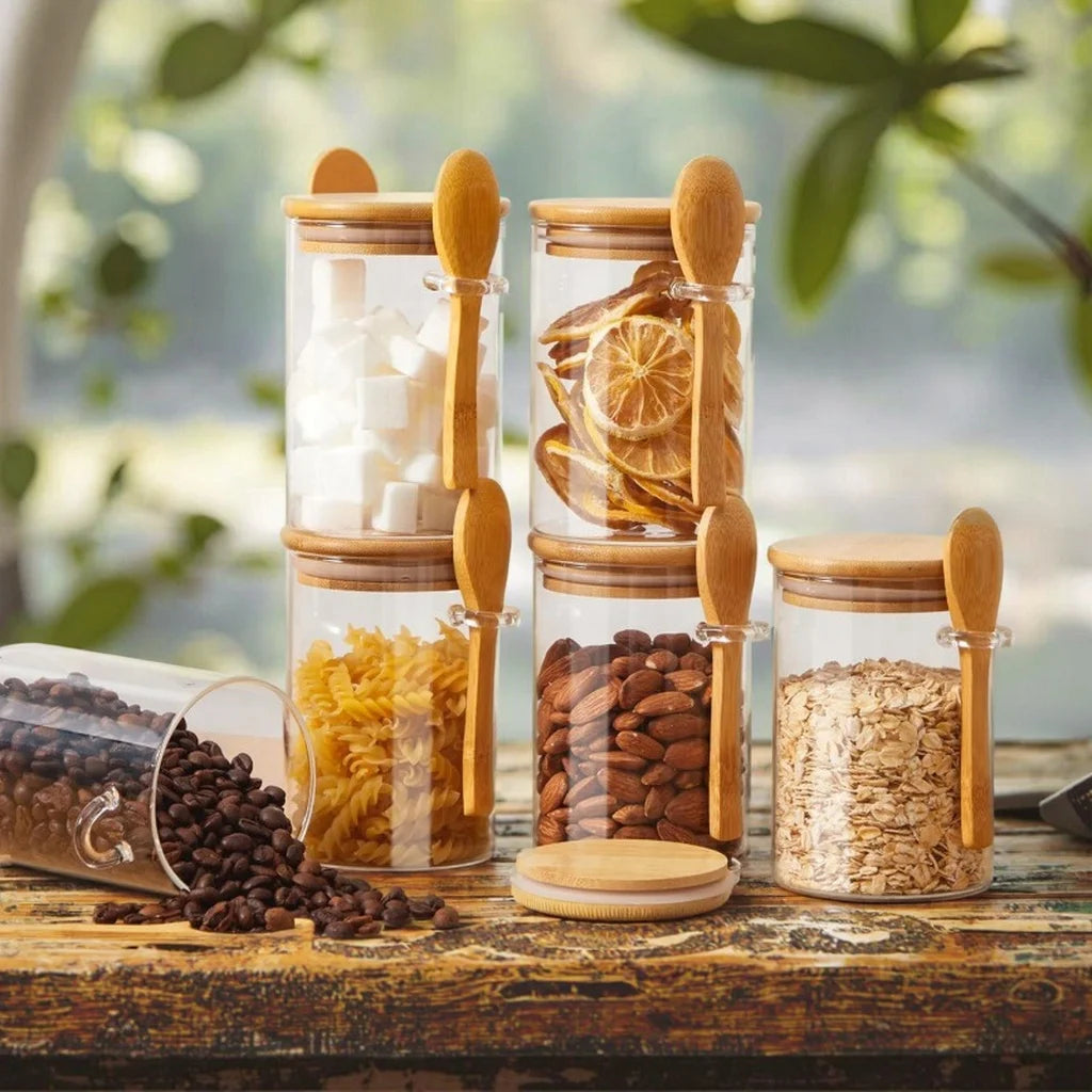 NEW Arrivals 10 PCS Set 10oz Bamboo Wood Lids and Spoons High Borosilicate Glass Food Storage Tank Kitchen Grain and Spice Storage Tank Containers Kitchenware Accessories Preparing Cooking Tools Sets