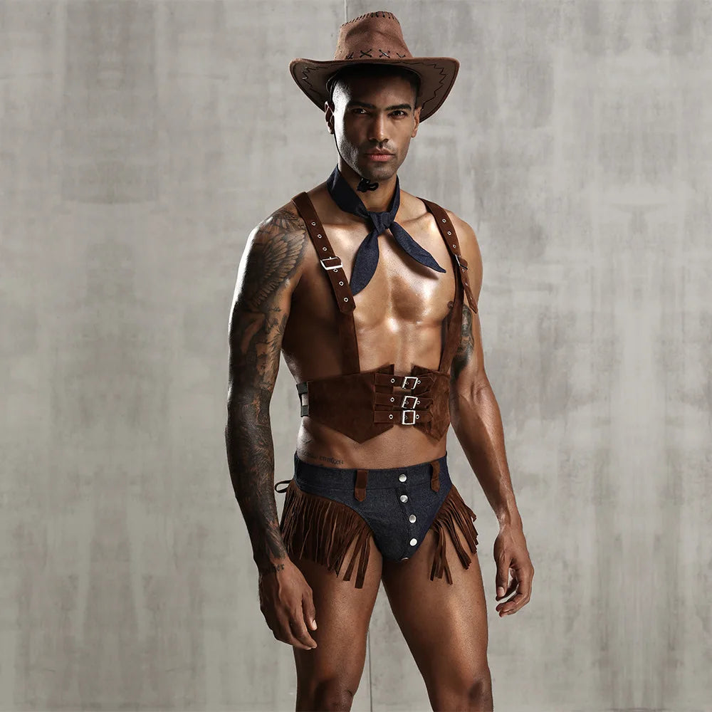 Gay 4Pieces Men Role Play Sexy Cowboy Uniform Set Cosplay Gay Bar Dance Costume Outfit