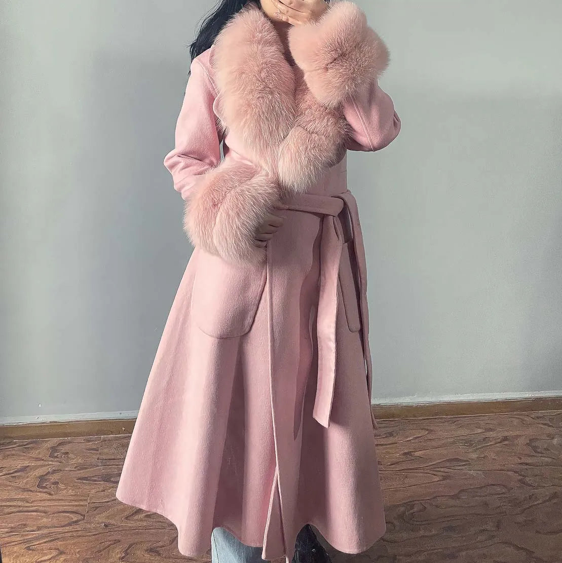 BEST PRICE 100% Cashmere 10 Colors Luxury Women's Winter Long Trench Jacket Real Natural Fox Fur New Fashion Pink Wool Coat Evening Party Wedding Guest Coats Ladies Luxury Apparel Supplies.