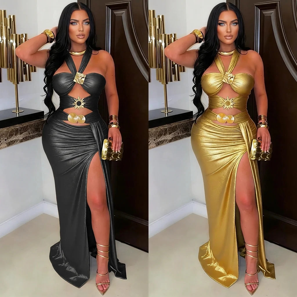 Back/Golden Color S-2XL Women Sexy Hot Lace Up Backless Halter Dress Bodycon Waist Cutout High Slit Floor Length Bronzing Solid Color Ladies Evening Party Maxi Gowns