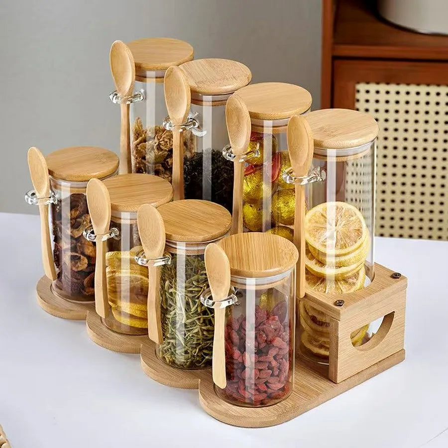 4-8 PCS + Bamboo Spoons Set Wide Mouth Glass Airtight Lid Spice Coffee Containers Glass Tea Canister Set Food Storage  Home Cooking Tools Sets Kitchenware Supplies