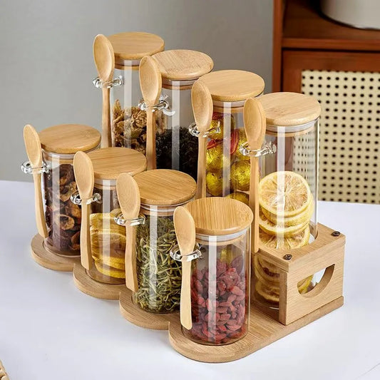 4-8 PCS + Bamboo Spoons Set Wide Mouth Glass Airtight Lid Spice Coffee Containers Glass Tea Canister Set Food Storage  Home Cooking Tools Sets Kitchenware Supplies
