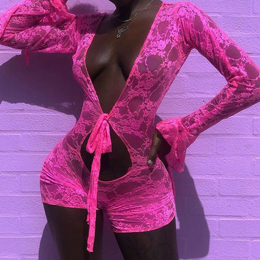 White/Black/Pink  Hot Sexy Women Mesh Sheer Hollow Out Rompers Onesies Shorts Pink Deep V-Neck Flare Sleeve Floral Bodycon Playsuit Jumpsuit