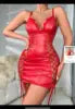 Sexy Hot S-2XL Black/Red Color Women's Cross-Border Supply European American Sexy Women's Patent Leather Dobby Fabric Suspender Side Split Hip Mini Dress