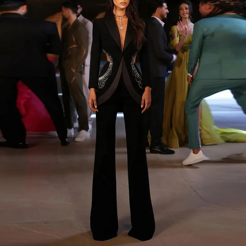 Boutique HOT SALE NEW Arrivals 2 PCS Set S-2XL High Street Fashion Elegant Cutout Rhinestones Diamonds Luxury Black Blazer Jacket Pants  Women Suit Set Ladies Luxury Apparel Supplies