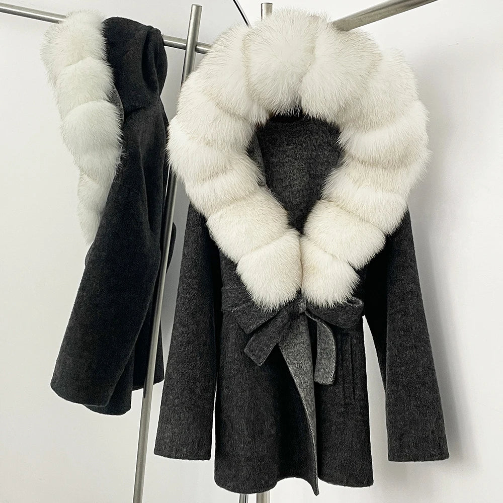 12 Colors Small Medium Size  New Winter Cashmere Wool Blends Women Natural Fox Fur Collar Hooded Slim Fit Suit Double Sided Woolen Trench Coat Women Winter Apparel Supplies
