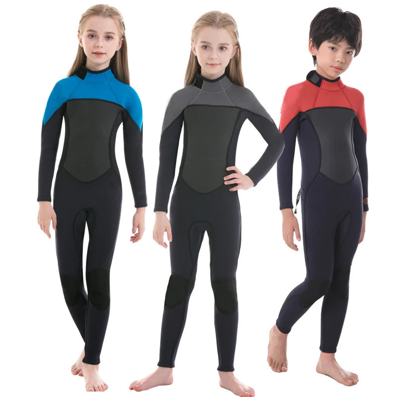 Neoprene Wetsuit 2.5MM Children Unisex One Piece Girls and Boys Surfing Diving Scuba Snorkeling Training Swimsuit Waterproof Warm Long Sleeve Sunscreen Children Water Sports Apparel Clothing Supplies