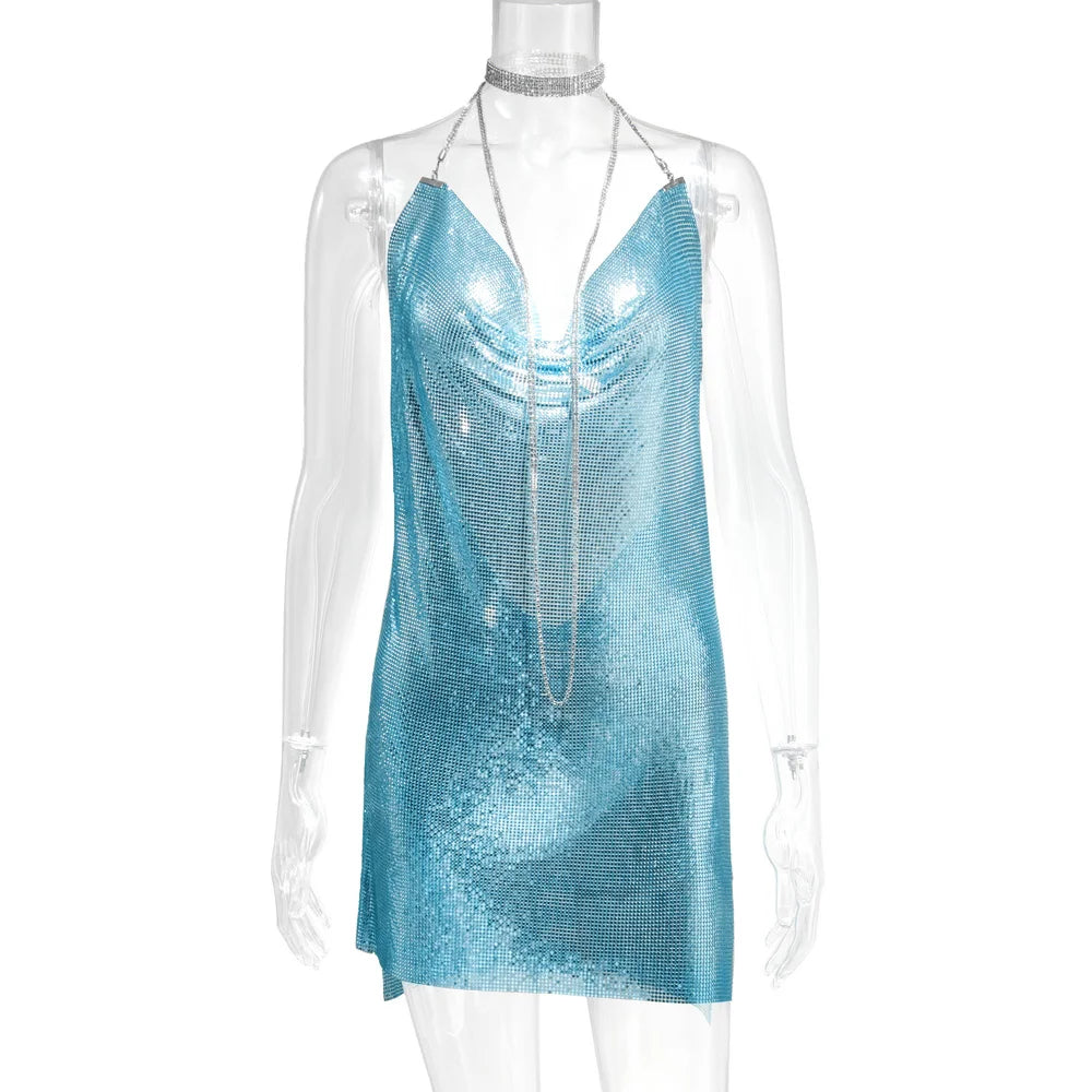 10 Colors Women's Sexy Diamond Halter Metal Party Dresses Gold Silver Summer Evening Beach Party Slit Dress Backless Sequins Night Clubwear Hot Mini Dress Women Clothing Supplies