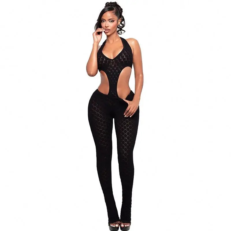 Black/Blue/Burgundy Color  New Halter Cutout Flare Leg Backless Jumpsuit Slim Fit Summer Night Club Playsuit Evening Beach Party Bodysuit Women Sexy Apparel Supplies