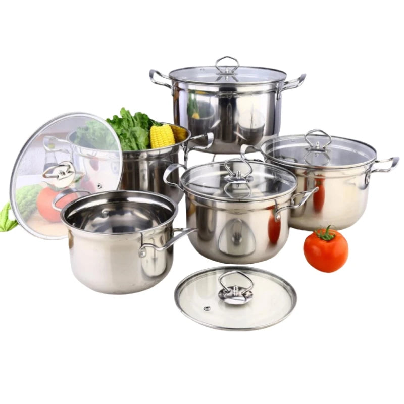 10 PCS Set Silvery/Colored Gift Set Stainless Steel Home Hotels Restaurants Kitchen Cookware Casserole Pot with Handle and Transparent Glass Lid Outdoor Camping Cooking Tools Cookware Supplies