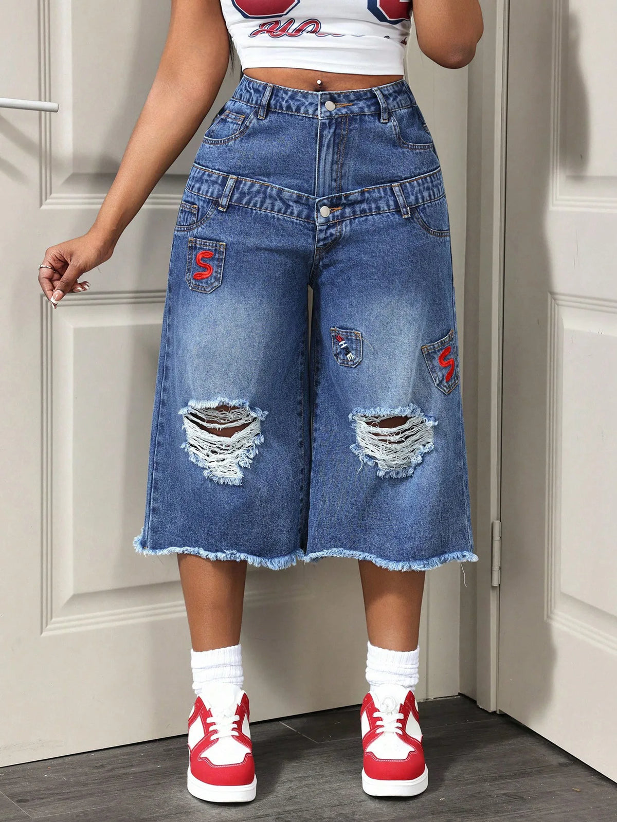 NEW Arrivals All Seasons Baggy Blue Jeans Vintage Washed  Embroidered & Ripped Denim Women's Cropped Wide-Leg Jeans Streetwear Y2K Clothes Female Casual Clothing Supplies