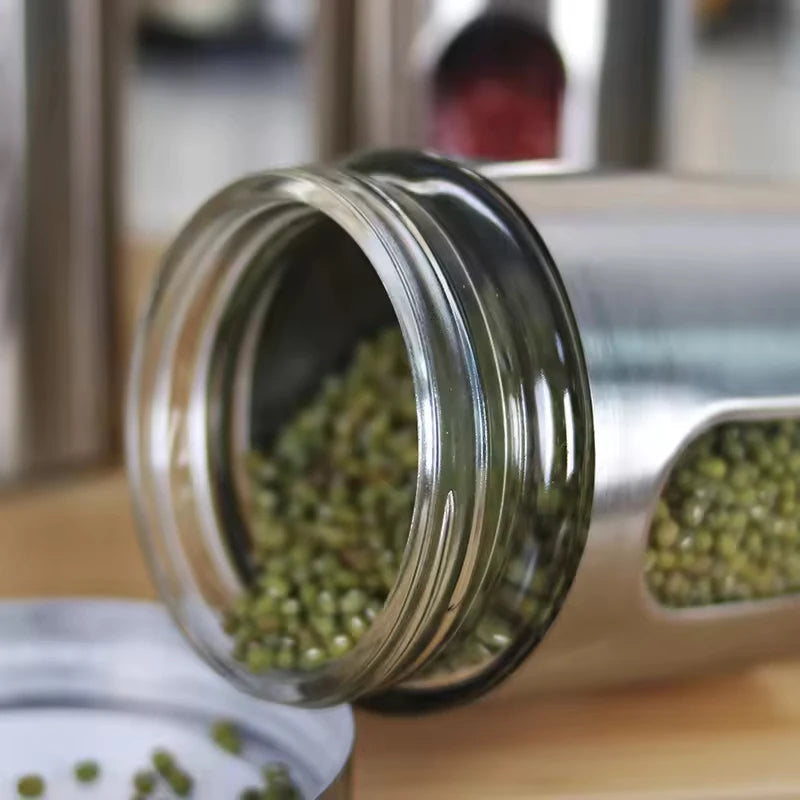 304 Stainless Steel Top Quality 600/950/1300/1800ml Kitchen Supplies Spices Herbs Storage Jars Household Visual Glass Sealed Jars Multigrain Cans Tea Cans Food Storage Jars