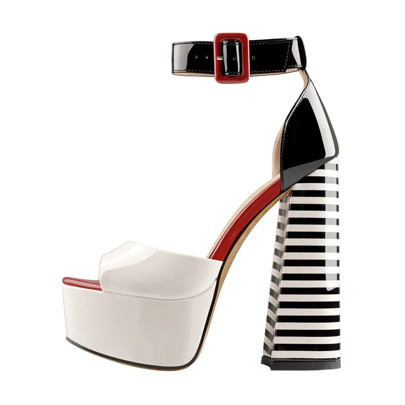 Women High Heels Shoes Sandals Platform Peep Toe Chunky Square Heels Ankle Strap Sandals Black And White Stripes Party Fashion Shoes