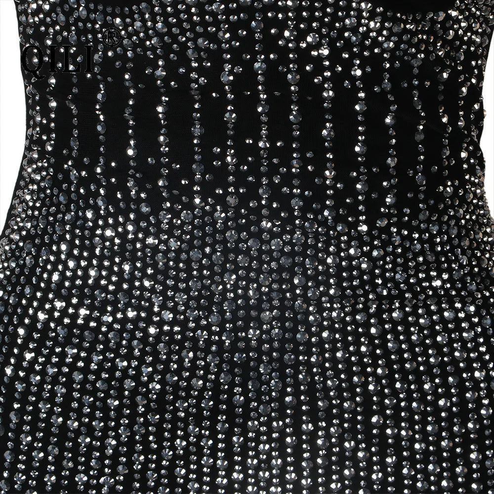 NEW Arrivals S-3XL UK Plus Size Chubby-Women's Sexy Spaghetti Strap Mesh Diamonds Dress, Sleeveless, See Through Rhinestone Dresses,  Evening Party Club Dress, Mid-Calf Ladies Luxury Fashion Apparel Supplies