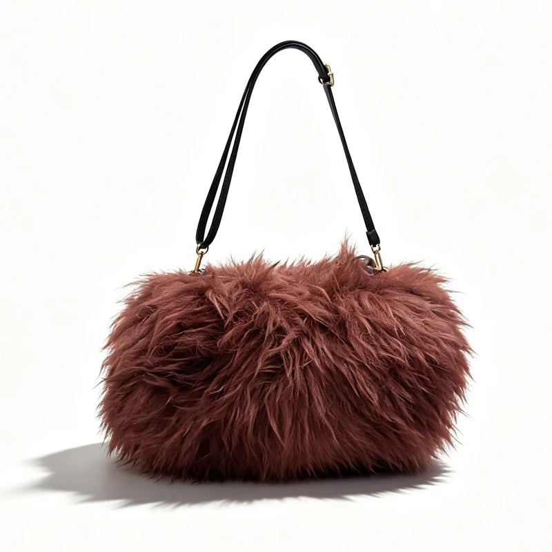5 Colors Luxury Winter Ombre Faux Fur Leather Hobo Shoulder Tote Bag Women Single Strap Two-Tone Black Camel Fluffy Large Capacity Luxury Bags Ladies Apparel Accessories