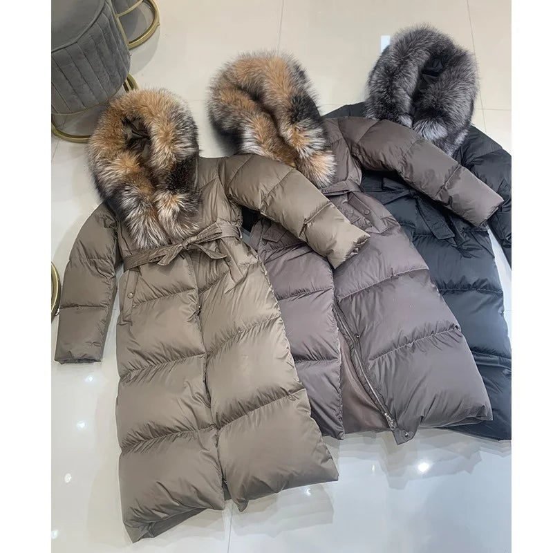 BEST PRICE S-2XL Top Quality Large Natural Silver Fox Fur White Duck Down Thickened Windbreaker Parkas Coat Long Over Knee Windproof Coats Winter Warm Real Fur Coat Snow Boots Outerwear Jackets Ladies Winter Apparel Supplies