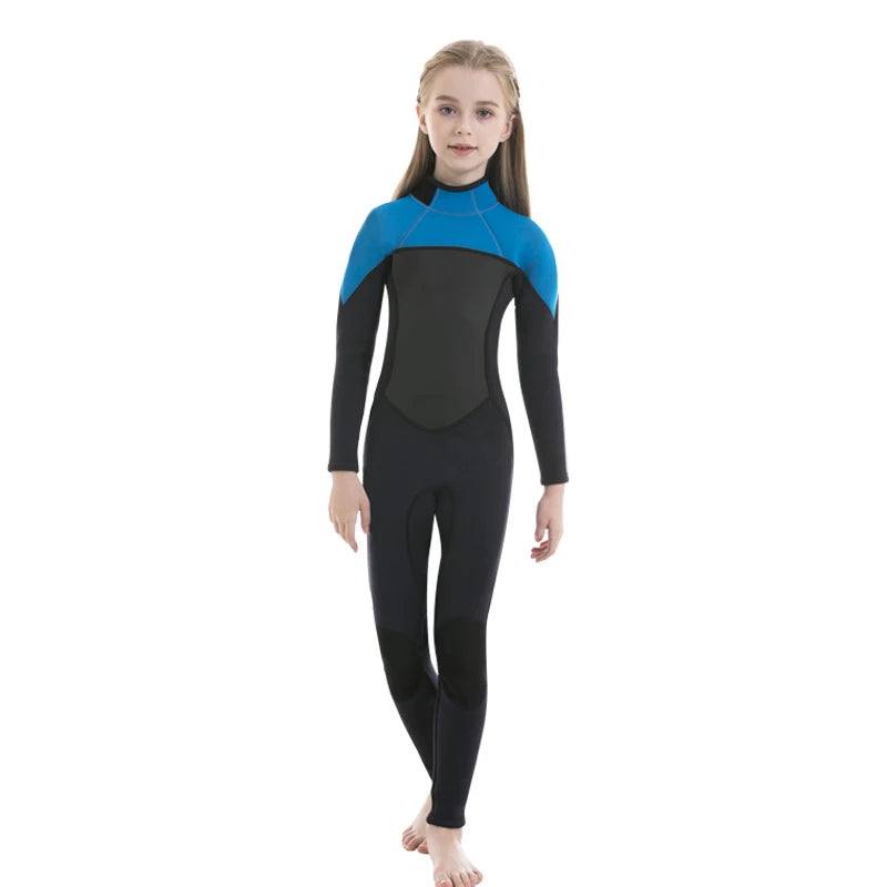 Neoprene Wetsuit 2.5MM Children Unisex One Piece Girls and Boys Surfing Diving Scuba Snorkeling Training Swimsuit Waterproof Warm Long Sleeve Sunscreen Children Water Sports Apparel Clothing Supplies
