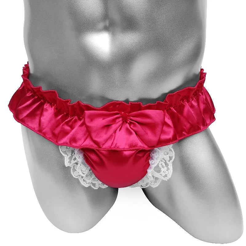 Lace Mens Jockstraps Lingerie Night Gay Male Panties Open Butt Wetlook Sexy Bowknot Sissy Satin Crotchless Underwear For Man