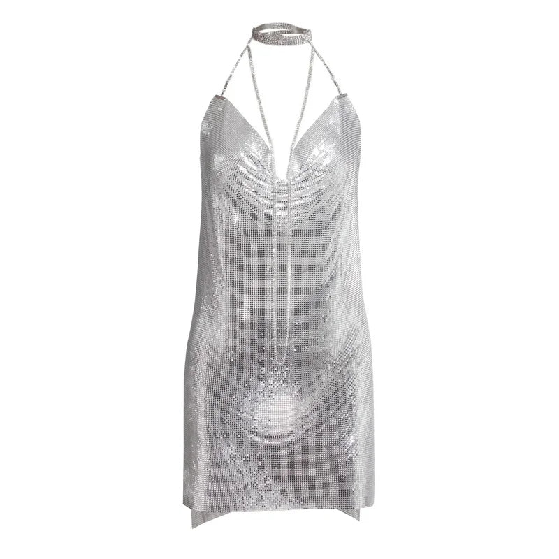 10 Colors Women's Sexy Diamond Halter Metal Party Dresses Gold Silver Summer Evening Beach Party Slit Dress Backless Sequins Night Clubwear Hot Mini Dress Women Clothing Supplies