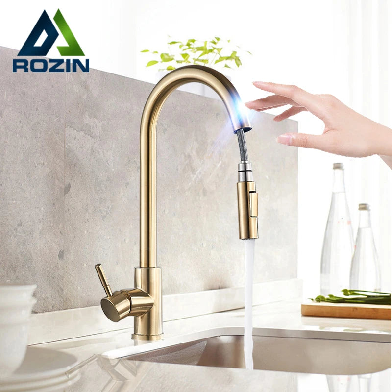 Smart Sensor Touch Kitchen Faucet Brushed Gold Pull Out Sensor Faucets Black/Nickel 360 Rotation Crane 2 Outlet Water Mixer Taps