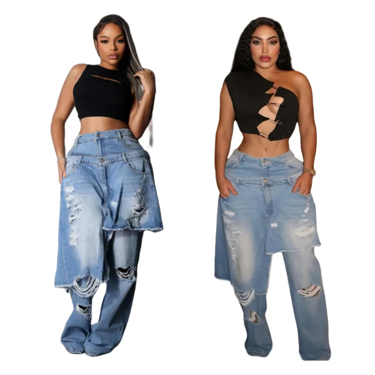 TikTok Most Popular S-2XL New Casual Straight-Leg Jeans Stretch Denim Fabric Fashionable Ripped Style Popular Europe America for Autumn Spring Summer Streetwear Female Casual Clothing Supplies