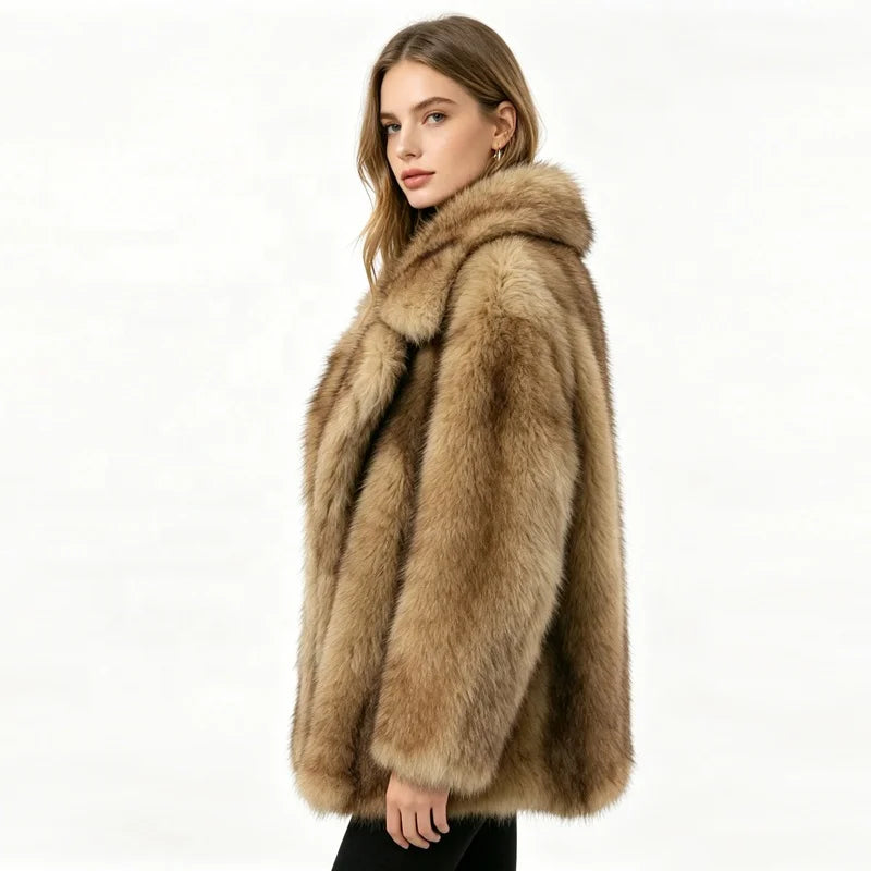 Coffee Brown/Khaki Color Luxury Gradient Brown Artificial Fox Fur Coat for Women Turn-Down Collar Regular Length Winter Warm Eco-Friendly Windproof Outerwear Mid Jackets Ladies Winter Clothing Supplies
