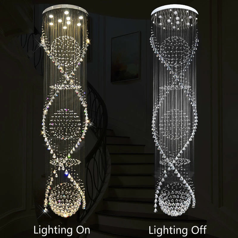 HOT SALE Villa Home Living Room Staircase Luxury K9 Crystal Steel Chrome Double Helix Spiral Chandelier with Rain Drops Diameter 80cm Height 280cm Home Art Decor Lighting Supplies