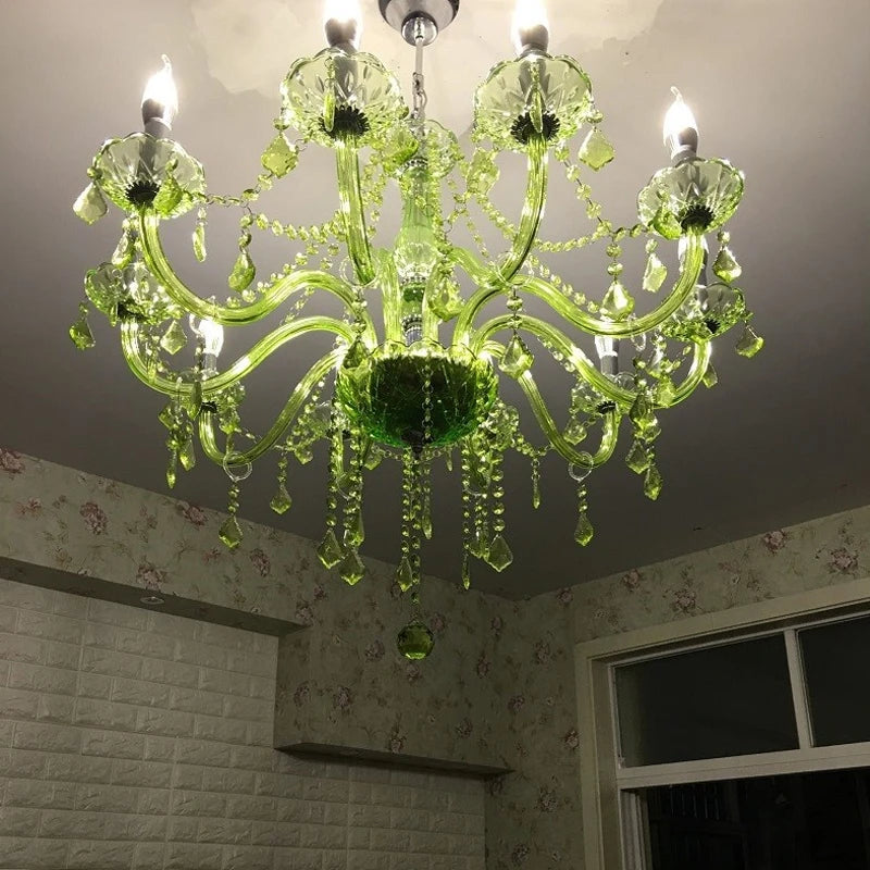 HOT SALE 8/15/18 Lights Villa Home Living Room Maria Theresa European Style Crystal Pendent Lamp Green Candle Lamp Luxurious Living Room Restaurant Bedroom KTV  Bar Art Decoration Lighting Supplies