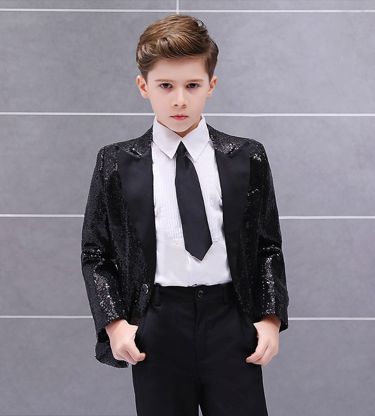 4 PCS Set 5 Colors Boys Formal Wedding Guest Suit Kids  Luxury Jacket Shirt Pants Tie Party Blazer Children Piano Performance Ceremony Costume Birthday Evening Party Children Luxury Apparel Supplies