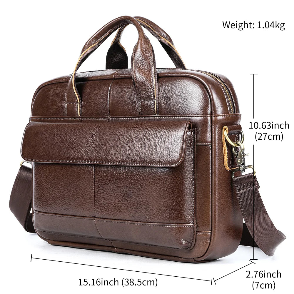 Real Leather Top Quality Vintage Waterproof Genuine Leather Business Office Briefcase Men's 14 Inch Laptop Messenger Bag