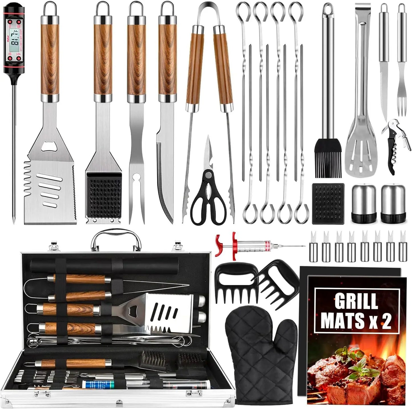 38 PCS Set Stainless Steel BBQ Camping Grill Tool Set with Wooden Handles and Skewers Aluminum Box for Outdoor Picnic & Baking Cooking Tools Sets