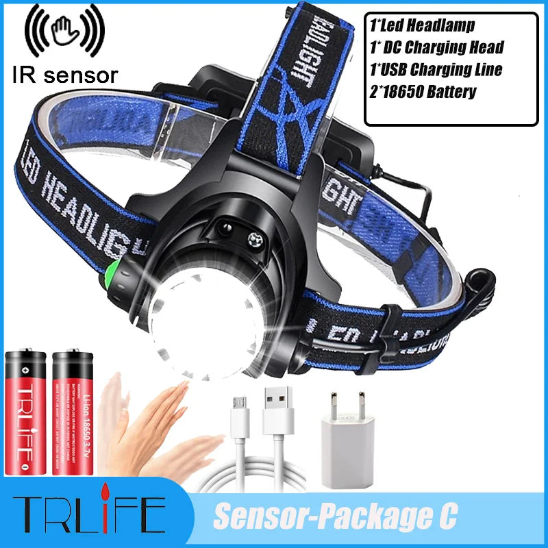 NEW Arrivals Motion Sensor Super 15000LM LED Headlamp T6/L2/V6 Zoomable Head lamp Flashlight Torch Headlight Lantern With LED Bulbs Lithium ION Battery Outdoor Camping Fishing Night Hiking Cycling