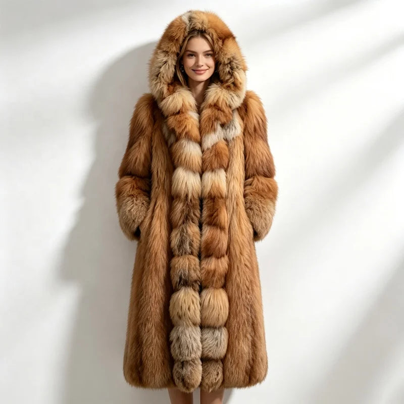 S-5XL Plus Size 4 Colors Premium Ladies Winter Luxury Hooded Artificial Fox Fur Coat Long Thick Warm Fluffy Fur Overcoat Women's Fashion Winter Outerwear Windproof Jacket Faux Fur Coats