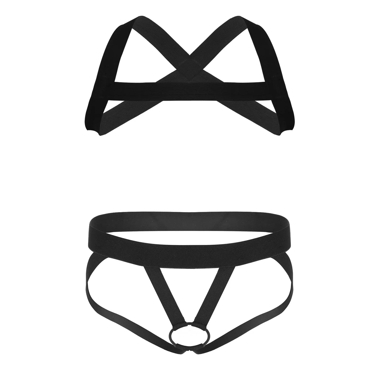 Mens Two-Piece Stretchy Belts Lingerie Set Underwear X-Shape Muscle Harness Belt with Crotchless Jockstrap G-string Underwear