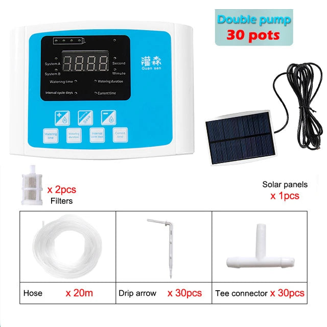 NEW Arrivals Garden Drip Irrigation Device Double Pump Controller Timer System, Solar Energy Intelligent Automatic Watering Device for Plants Trees Flowers Garden Watering Accessories