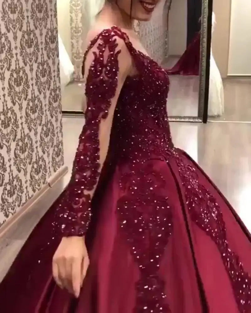 Mother of Bride Luxury Elegant Women S-2XL Red  Long Sleeve Lace Maxi Dress Formal Evening Party Prom Ball Gown Hot Selling Celebrities Ladies Luxury Apparel Supplies