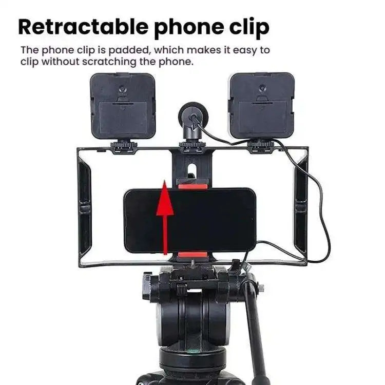 Handheld Phone Video Cage Kit Dual LED Fill Light Shotgun Wired Microphone Smartphone Rig for Vlogging Live Streaming Studio Content Creation YouTube TikTok Videos Maker Social Media Tools Set