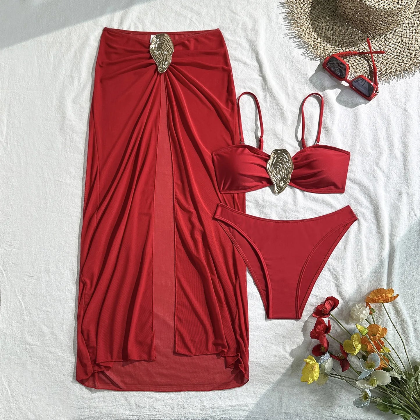NEW Arrivals 3 PCS Set Black/White/Brown/Red Color Bandeau Top Women Swimwear Brazilian Bikini and See Through Skirt Cover Up S-L Size Summer Vacation Beachwear Swimming Pool Ladies Bathing Apparel Supplies