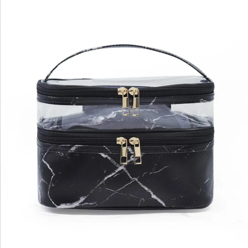 Luxury Black/White/Leopard Large Capacity Makeup Bag For Women Transparent PVC Double Layer Storage Wash Cosmetic Bag Waterproof Organizer Toiletry Cases Products Cosmetic Accessories Supplies