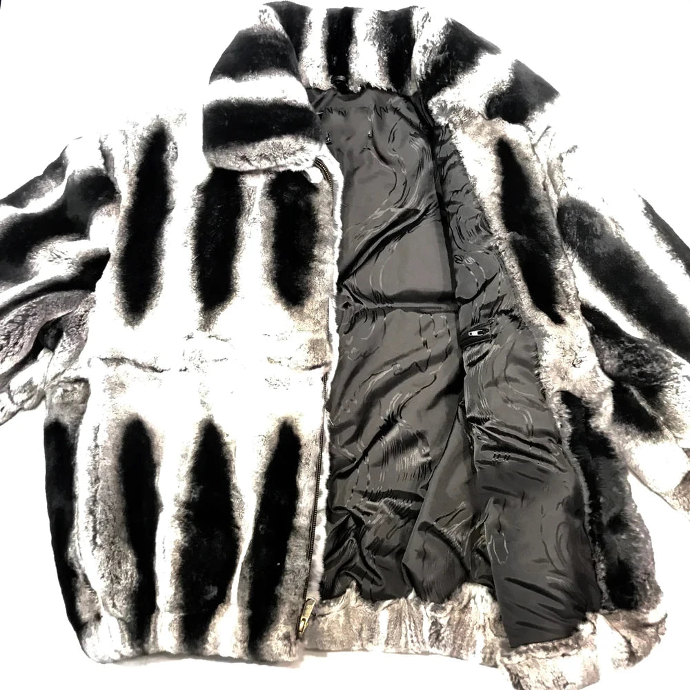 New Design S-3XL Plus Size Men's Winter Fur 100% Chinchilla & Red Color Jacket Casual Fashion Real Rex Rabbit Fur Overcoat with Long Zipper Real Fur Coat Bomber Style Men Luxury Apparel Supplies