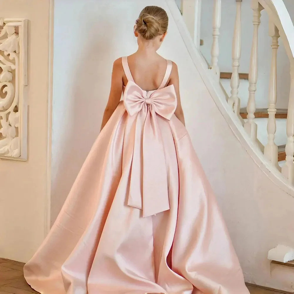 2/13 Years Old White/Pink Color Girls Bridesmaid  Satin Luxury Dress for Girls' Pageant, Wedding Evening Prom Party Birthdays Flower Girl Dress Princess Piano Performance Dress Formal Gowns